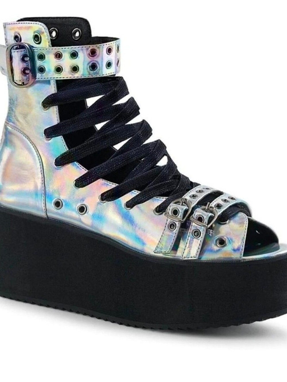 Demonia GRIP-105 Lace-Up Ankle High Sandal, Silver Holo Vegan Leather, 7